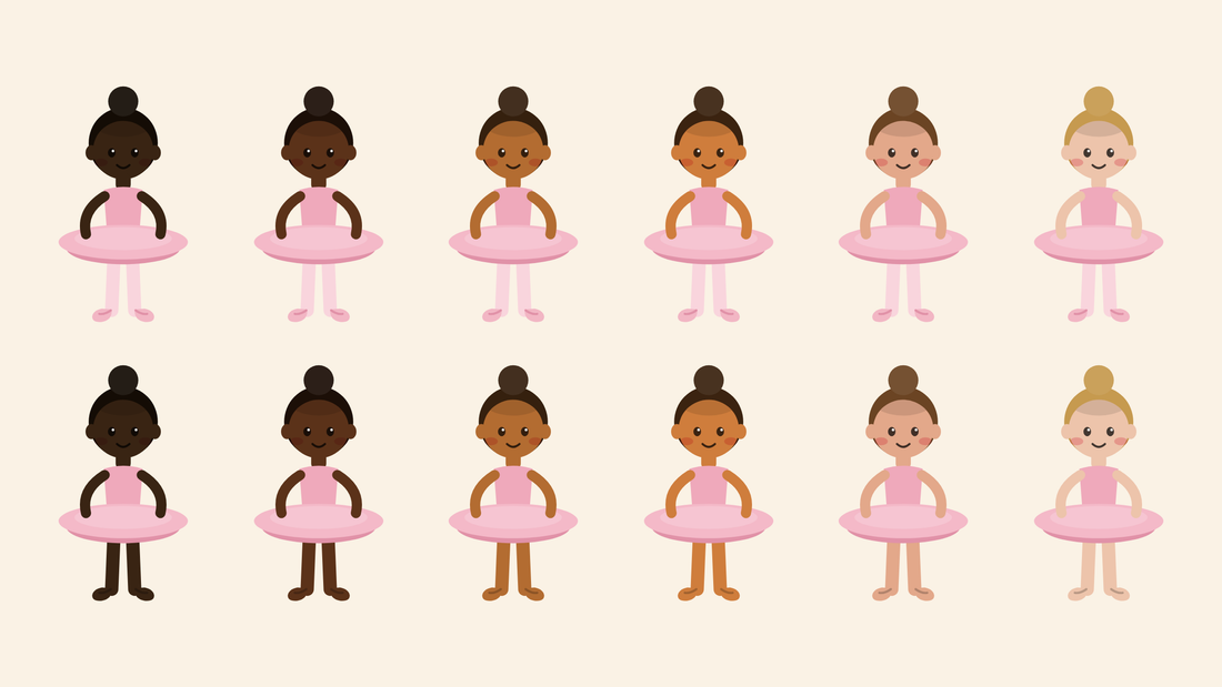 Twelve young dancers in pink tutus: the top row in traditional pink tights and shoes, the bottom row in tights and shoes matched to each of the six Jaiyah skin tones.